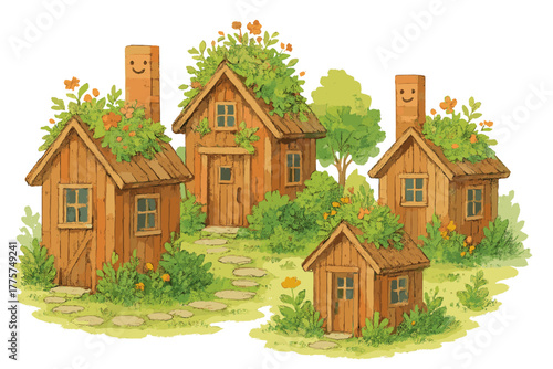 Tiny Eco-Friendly Homes. Community of tiny homes built with reclaimed wood, smiling chimneys, and gardens sprouting from rooftops