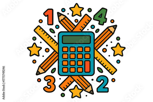 Math Mandala Vibrance. Calculator in the center with numbers, rulers, pencils, and stars forming a math-inspired mandala, bright
