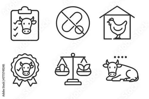 Ethical Farming Icons. Line style icons of Ethical Livestock Practices: animal welfare checklist, no antibiotic sign, free-range