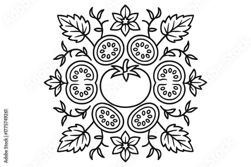 Tomato Mandala Design. Tomato in the middle with slices, blossoms, vines, and leaves symmetrically arranged in a mandala pattern,