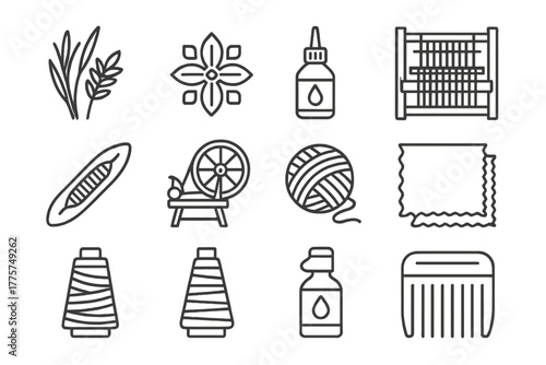 Fabric Craft Line Icons. Line style icons of Fabric Art: Reed, Pattern Motif, Dye, Traditional Weaving; Loom, Shuttle, Spinning