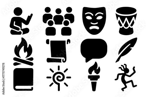 Storytelling Icons. Solid style icons of storytelling and oral tradition: storyteller, group circle, mask, drum, fire, scroll,