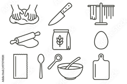 Handmade Cuisine Icons. Line style icons of Handmade Cuisine: Dough Kneading, Cutter Knife, Drying Rack, Fresh Ingredients;