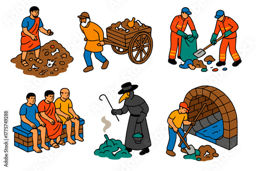 Waste Management Evolution. Isometric vector illustration set History of waste management: ancient Roman landfills, garbage carts,