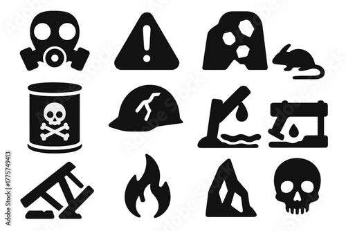 Mine Hazard Icons. Solid style icons of Mine Hazards: Gas Mask, Warning Sign, Cave-in, Toxic Barrel, Cracked Helmet, Rat, Broken