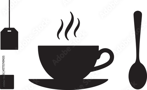 Black silhouette of a steaming teacup with saucer spoon and tea bag on white background hot drink