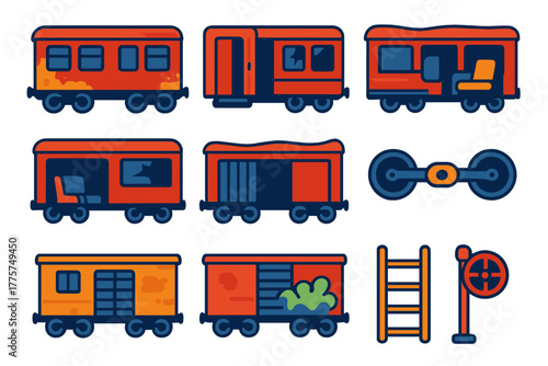 Deserted Train Icons. Flat vector icons of Deserted Train Cars: rusted carriage, open door, broken window, torn seat, collapsed