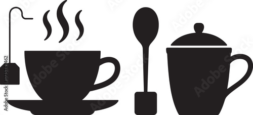 Black silhouette of a steaming teacup with a tea bag on a saucer a spoon and a sugar bowl vector