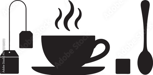 Black silhouette of a steaming teacup with a tea bag and spoon on white background hot drink