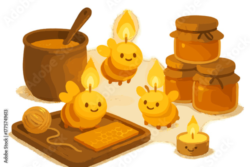 Magical Candle Workshop. Candle-making workshop with glowing wax bees, friendly flames, and jars of honey stacked like treasures