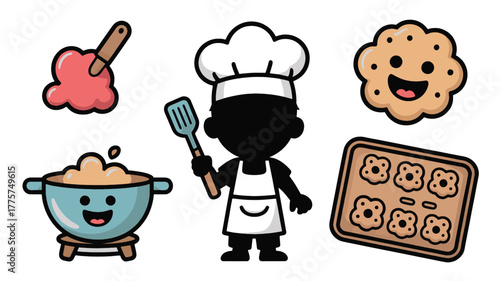 Cute cartoon chef with baking items including pot cookie and baking sheet cooking illustration