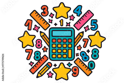 Math Mandala Vibrance. Calculator in the center with numbers, rulers, pencils, and stars forming a math-inspired mandala, bright