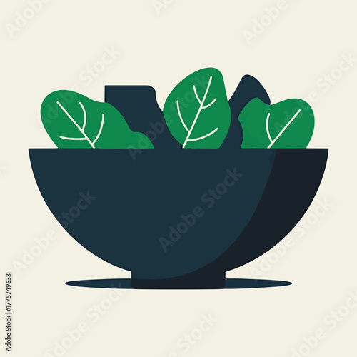 Dark bowl filled with green spinach leaves on a light background green leaves salad
