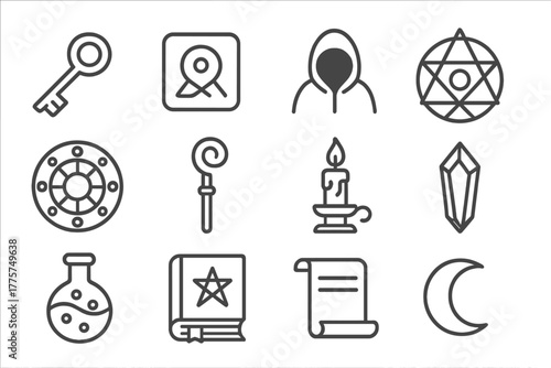 Mystic Initiation Icons. Line style icons of Initiation Rituals: Secret Key, Hidden Sigil, Cloaked Figure, Arcane Diagram; Mystic