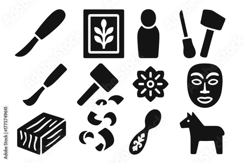 Wood Carving Icons. Solid style icons of wood carving: chip carving knife, relief panel, whittled figure, gouge chisel, carving