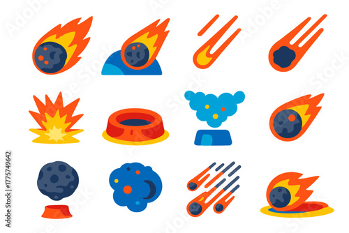 Meteor Icons Set. Flat vector icons of meteoritic events: fireball, atmospheric entry, meteor trail, impact flash, crater