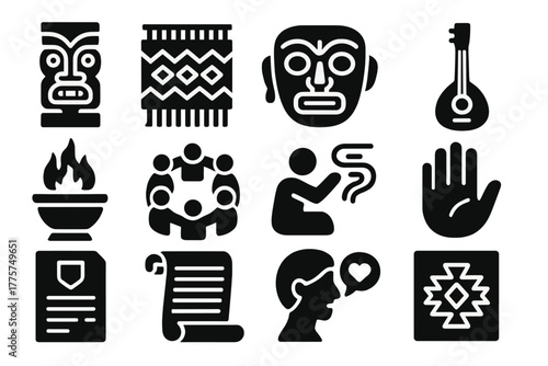 Cultural Memory Icons. Solid style icons of Cultural memory: carved totem, woven fabric, ceremonial mask, traditional instrument,