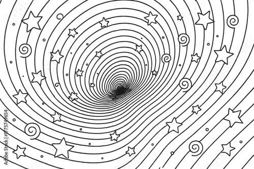 Abstract Tunnel Illusion. Abstract tunnel illusion with concentric lines, swirling stars, and infinite spirals, black and white