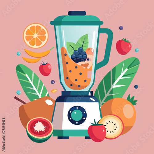 Making fruit smoothies in a blender image. Cartoon style. Vector illustration.