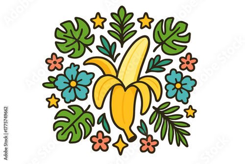 Tropical Banana Mandala. Banana in the center with peels, stars, tropical leaves, and flowers radiating outward in cheerful