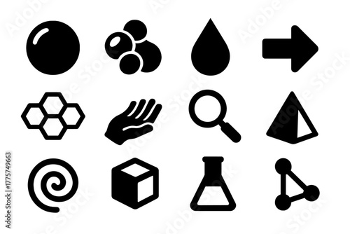 Foam and Bubble Icons. Solid style icons of physics of foams and bubble structures: soap bubble, foam cluster, water droplet,