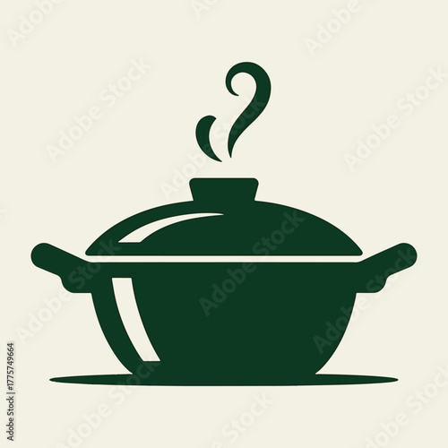 Dark green cooking pot with steam rising on a light cream background saucepan casserole dish