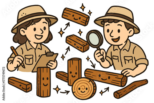Smiling Artifacts and Tree Rings. Playful doodle dating wooden artifacts with happy archaeologists, cartoon planks and beams
