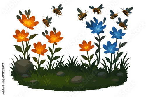 Floating Garden Mirage. Superposition garden with objects floating in two places at once, glowing flowers, and bees buzzing