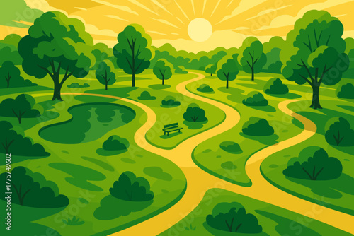 Lush Park Aerial View. Aerial view of a lush green park glowing vector illustration under golden sunlight, tranquil and vibrant