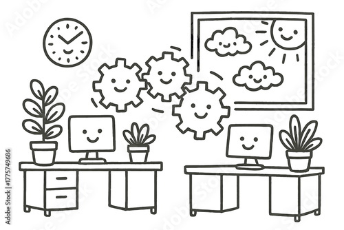 Workplace Whimsy. Whimsical doodle workplace harmony with happy plants on desks, smiling clocks, teamwork gears turning together,