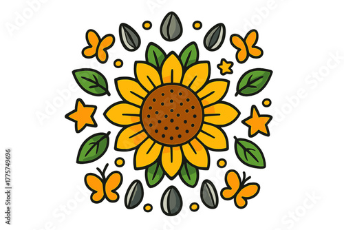 Sunflower Mandala Burst. Sunflower in the center with seeds, leaves, butterflies, and stars radiating outward in sunny mandala