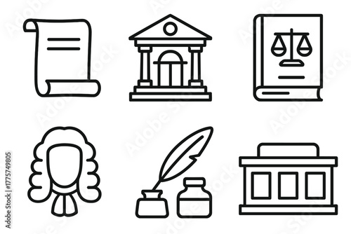 Historical Jury Icons. Line style icons of Historical Jury Cases: parchment scroll, colonial court, old law book, powdered wig,