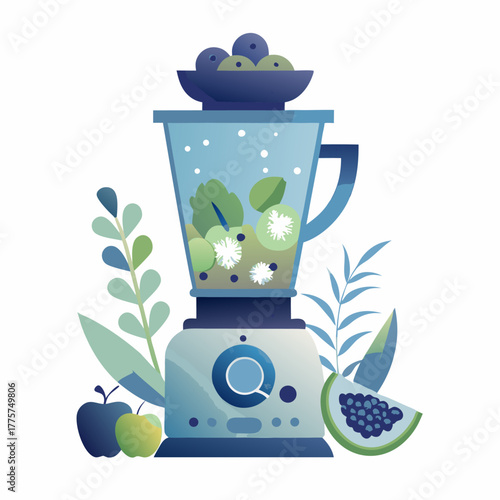 Making fruit smoothies in a blender image. Flat image isolated on white background. Vector illustration.