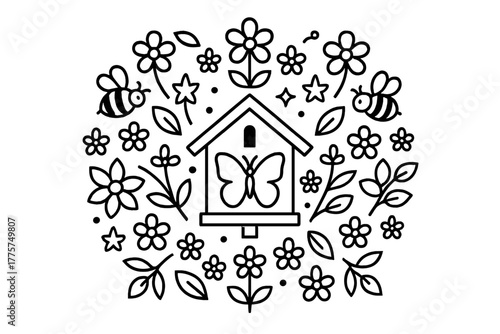 Butterfly House Mandala. Butterfly house in the center with flowers, bees, stars, and leaves radiating outward in symmetry, black