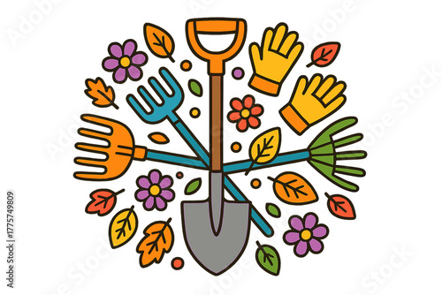 Garden Tool Mandala. Garden shovel in the middle with rakes, gloves, leaves, and flowers arranged in playful mandala composition,