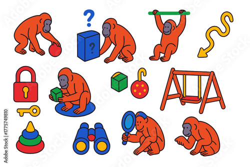 Primate Curiosity Exploration. Isometric vector illustration set Information-seeking behavior: primates exploring novel items,