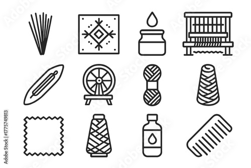 Fabric Craft Line Icons. Line style icons of Fabric Art: Reed, Pattern Motif, Dye, Traditional Weaving; Loom, Shuttle, Spinning
