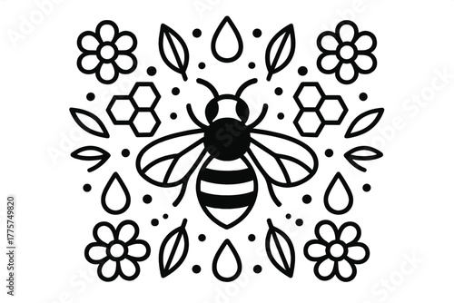 Bee and Nature Mandala. Bee in the middle with honeycombs, flowers, droplets, and leaves radiating outward in symmetrical design,