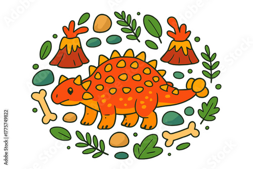 Vibrant Prehistoric Pattern. Ankylosaurus in the middle with rocks, plants, volcanoes, and bones forming a decorative circular