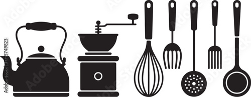 Black silhouette of a kettle coffee grinder whisk slotted spoon and spatula kitchenware cooking
