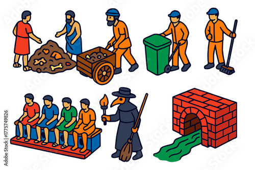 Waste Management Evolution. Isometric vector illustration set History of waste management: ancient Roman landfills, garbage carts,