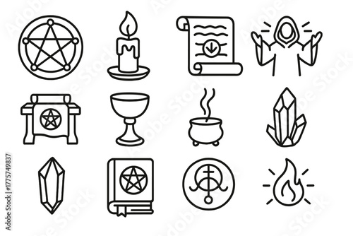 Arcane Ritual Icons. Line style icons of arcane rituals: summoning circle, magic candle, open scroll, chanting figure; altar,