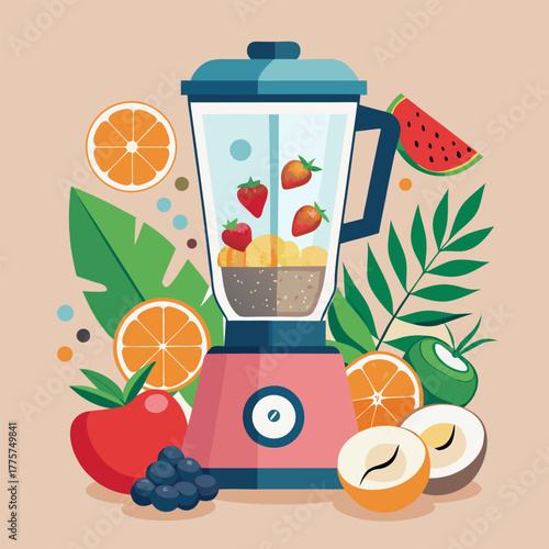 Making fruit smoothies in a blender image. Cartoon style. Vector illustration.