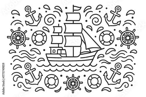 Symmetrical Nautical Design. Ship in the middle with anchors, sails, waves, lifebuoys, and steering wheels radiating outward in