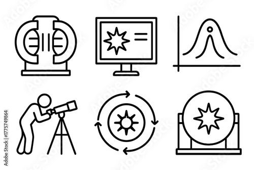 Astrophysical Fusion Icons. Line style icons of Astrophysical Fusion Research: fusion reactor silhouette, stellar model screen,