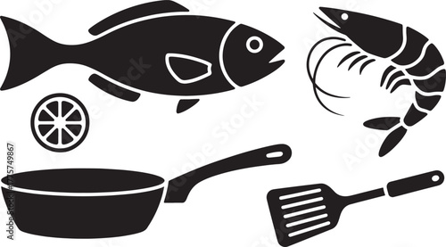 Black silhouette icons of fish shrimp lemon slice frying pan and spatula seafood