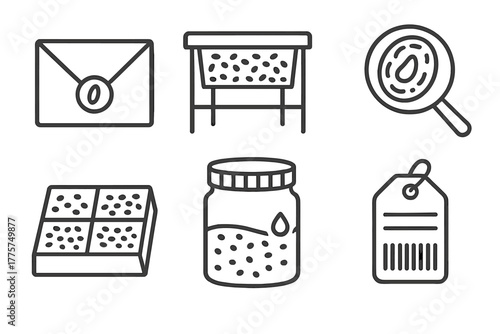 Seed Storage Icons. Line style icons of Seed Identification and Storage: labeled envelope, seed drying rack, magnified seed coat,