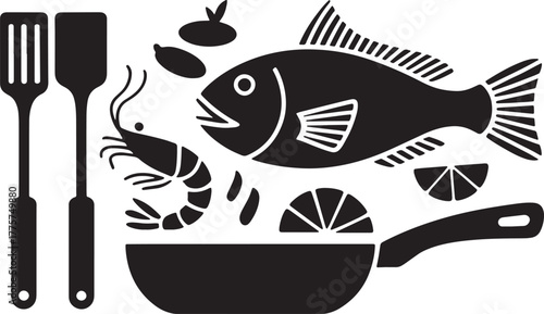 Black silhouette of cooking utensils fish shrimp lemon slices and frying pan food