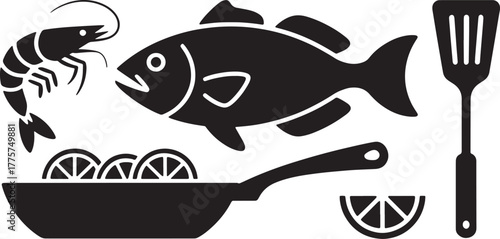 Black silhouette of a fish shrimp lemon slices in a pan and a spatula vector