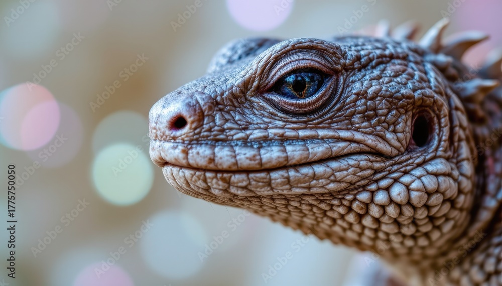 Fototapeta premium A mesmerizing close up of a majestic pogona reptile, its textured scales shimmering with subtle iridescence, captured with a dynamic fish eye lens that warps the perspective, creating a sweeping